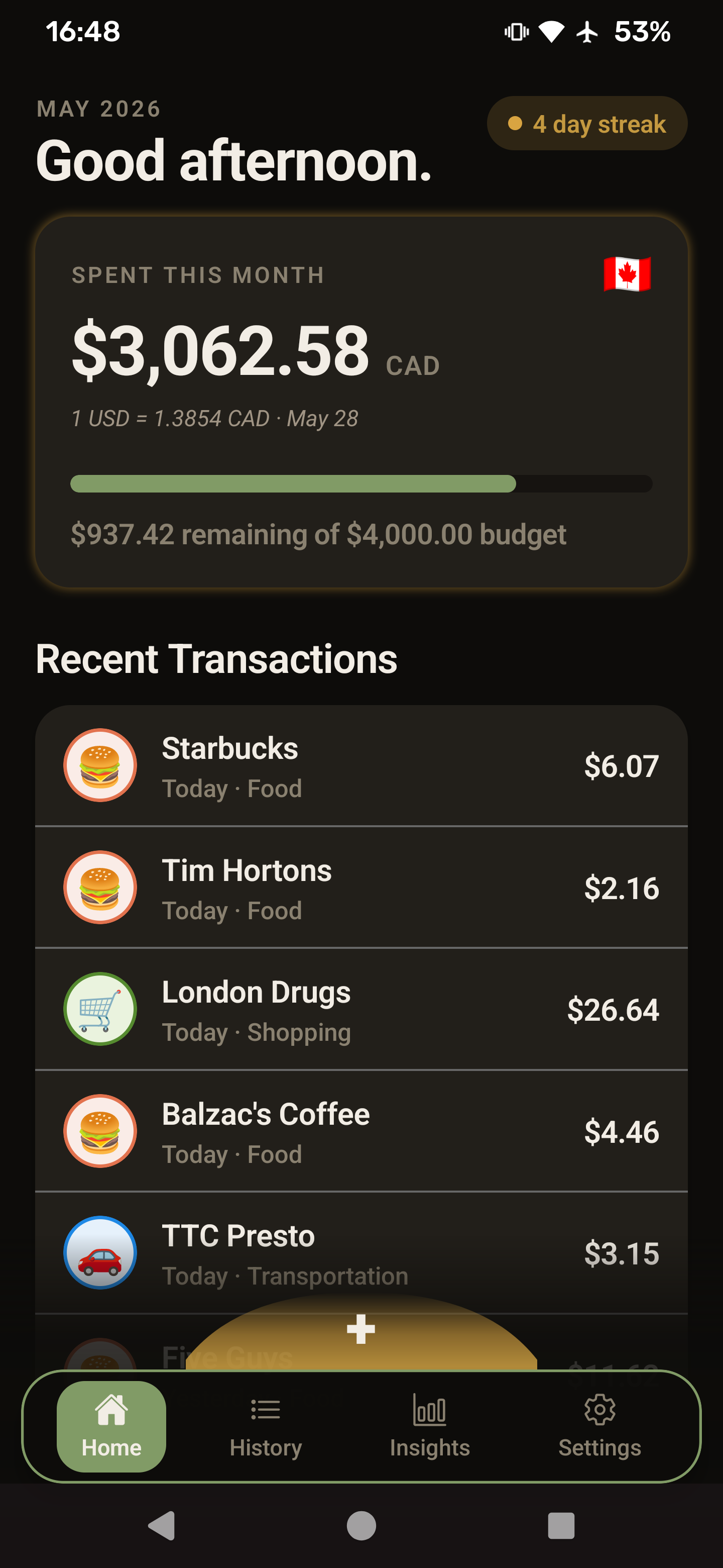 Round To It home screen showing monthly spending, budget progress, and recent transactions